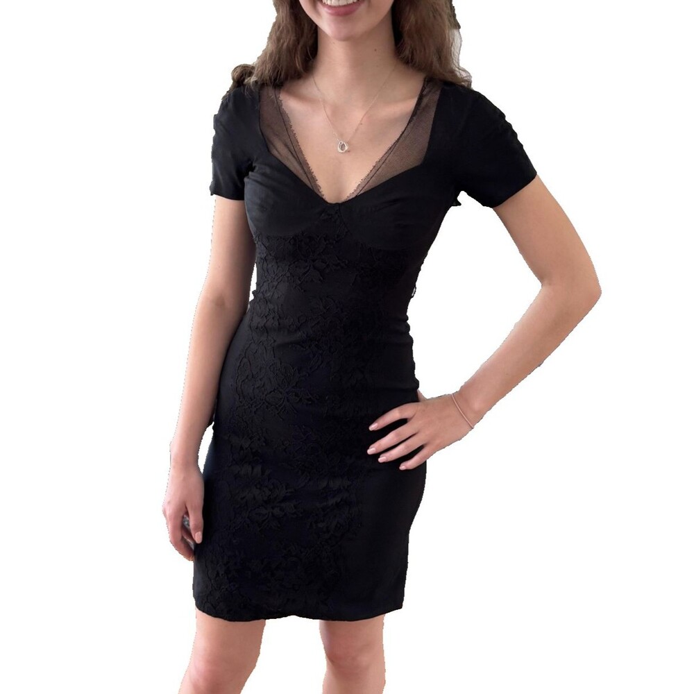 Dolce & Gabbana Dress 36 US 2/4 Black Lace Mesh Sheer Bodycon Mini Short Sleeve